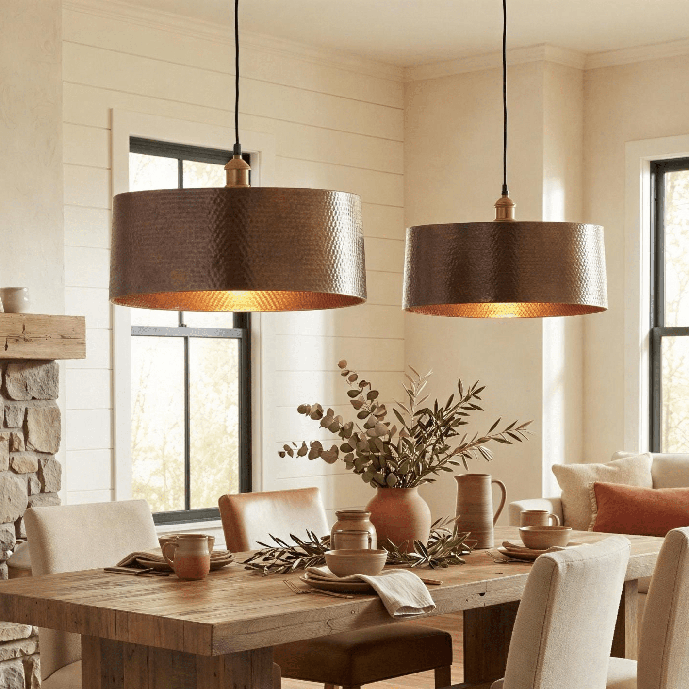 Dining room with wooden table, chairs, and two pendant lights.