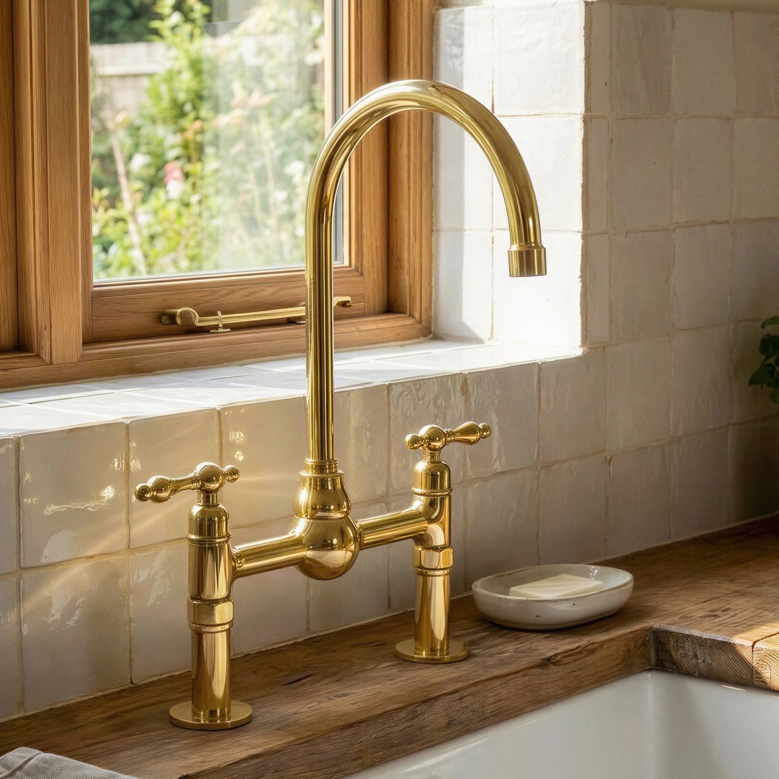 Handmade unlacquered brass bridge kitchen faucet with high-arc gooseneck spout and classic lever handles mounted on a rustic wood countertop over a fireclay sink.