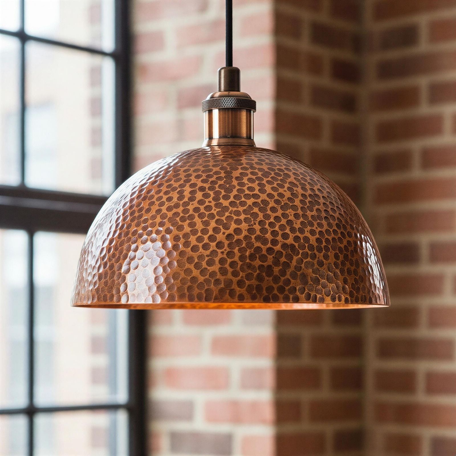 Copper pendant light hanging against a brick wall