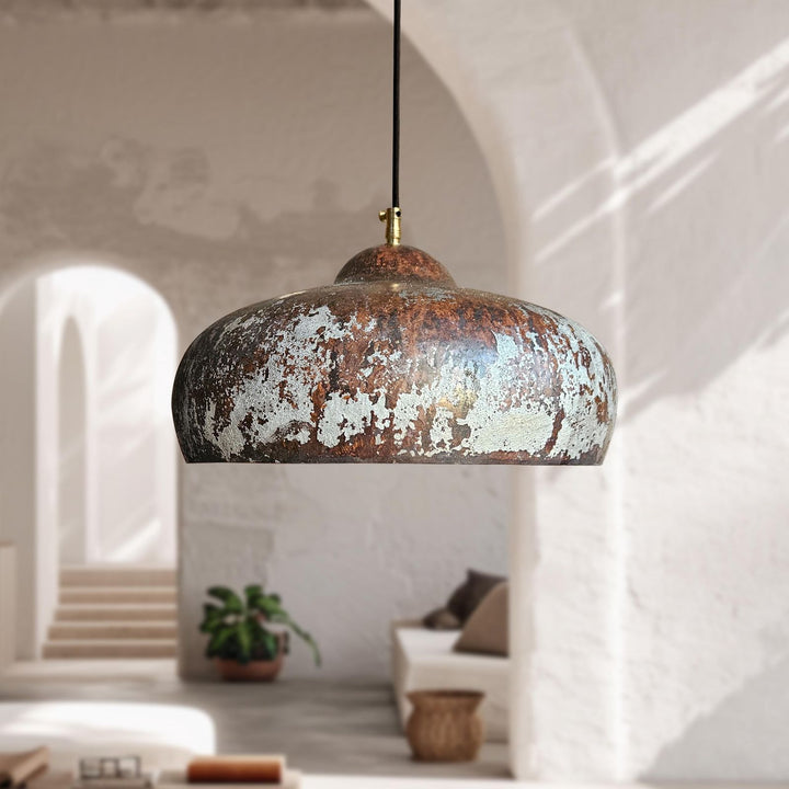 Rustic pendant light hanging in a modern interior setting