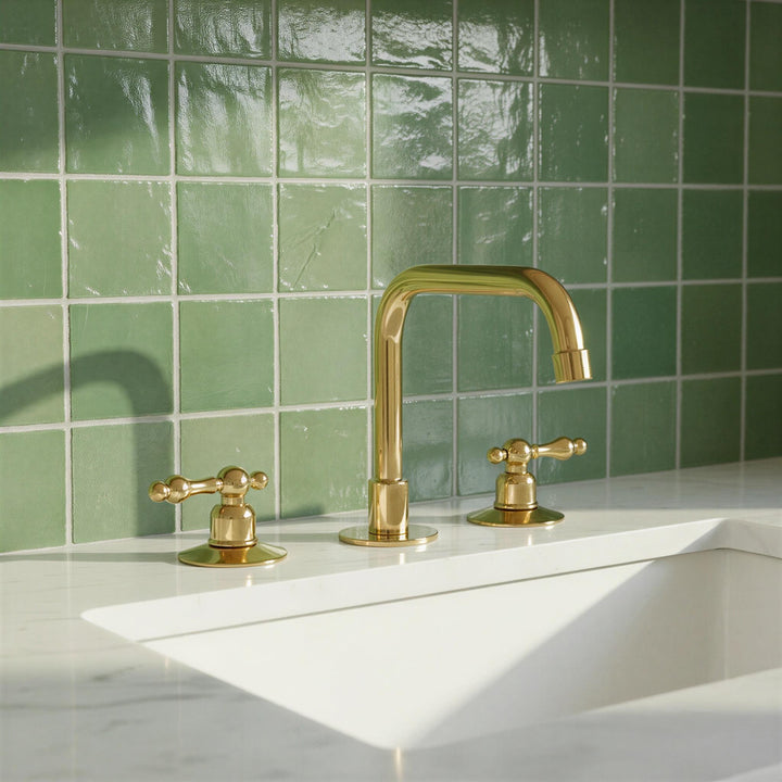 Gold faucet and handles on a white sink with green tiled wall