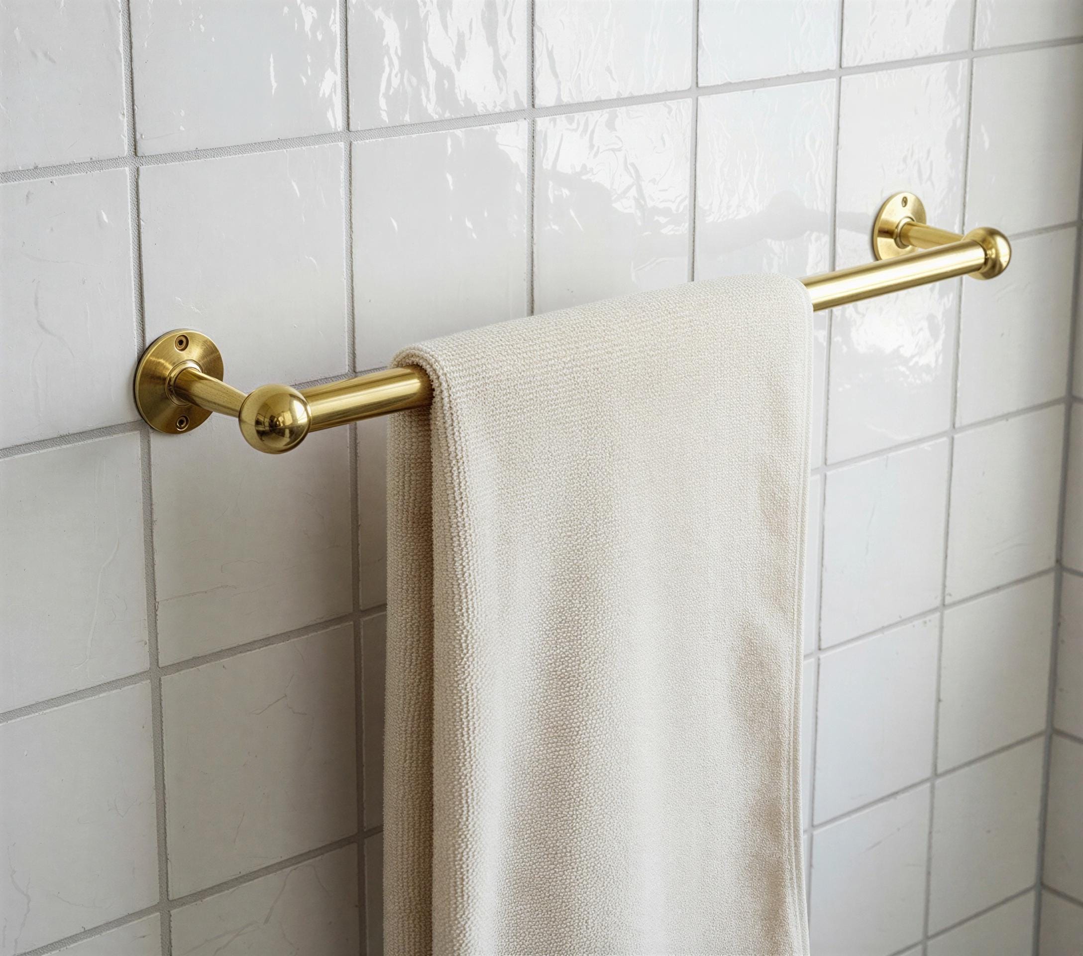 Gold towel rack with a beige towel on a tiled bathroom wall
