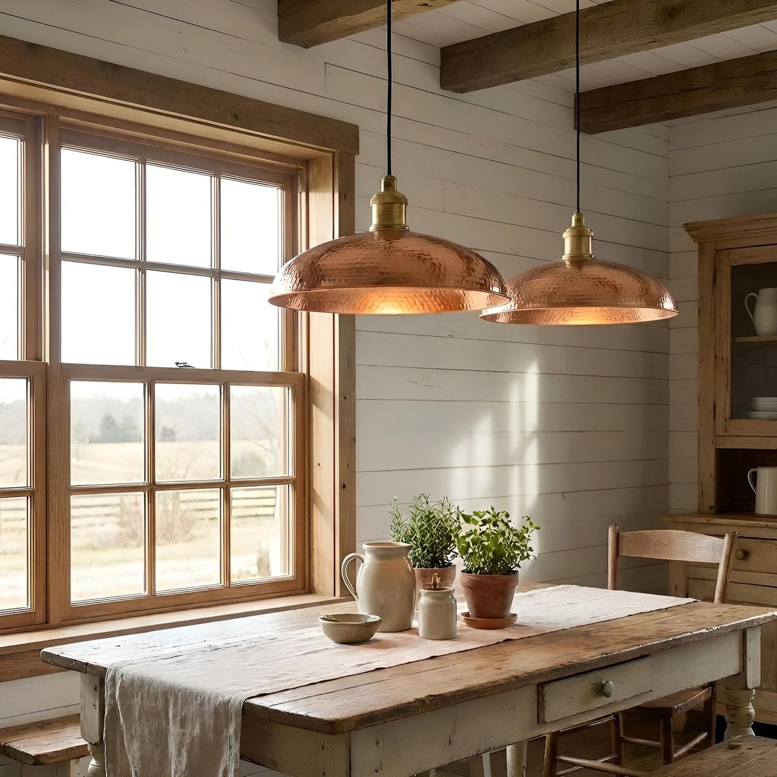 Rustic kitchen with wooden table, pendant lights, and large window.