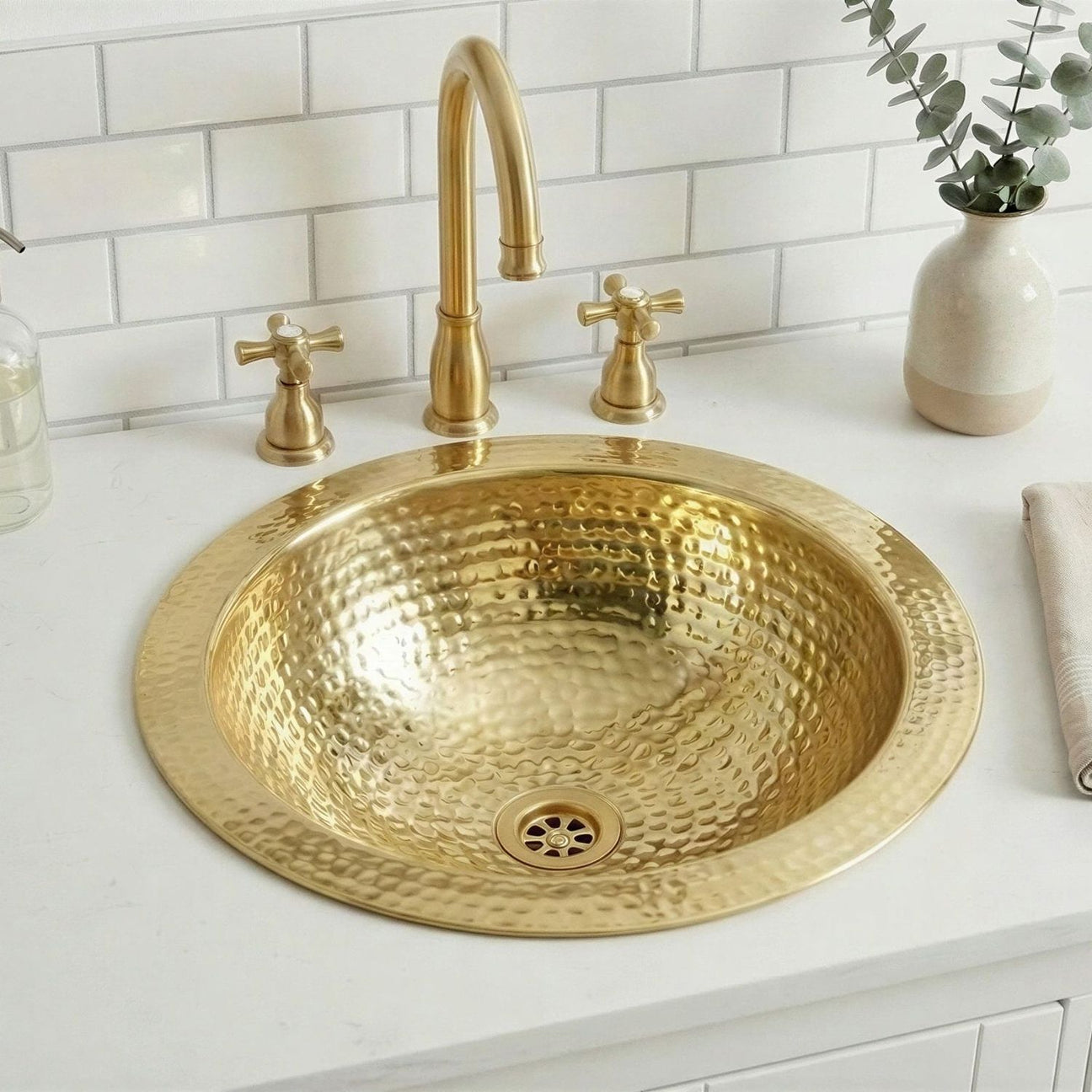 Hammered Brass Round Sink, Gold Drop In Bathroom Vanity Sink, Handcrafted Gold Bathroom Sink