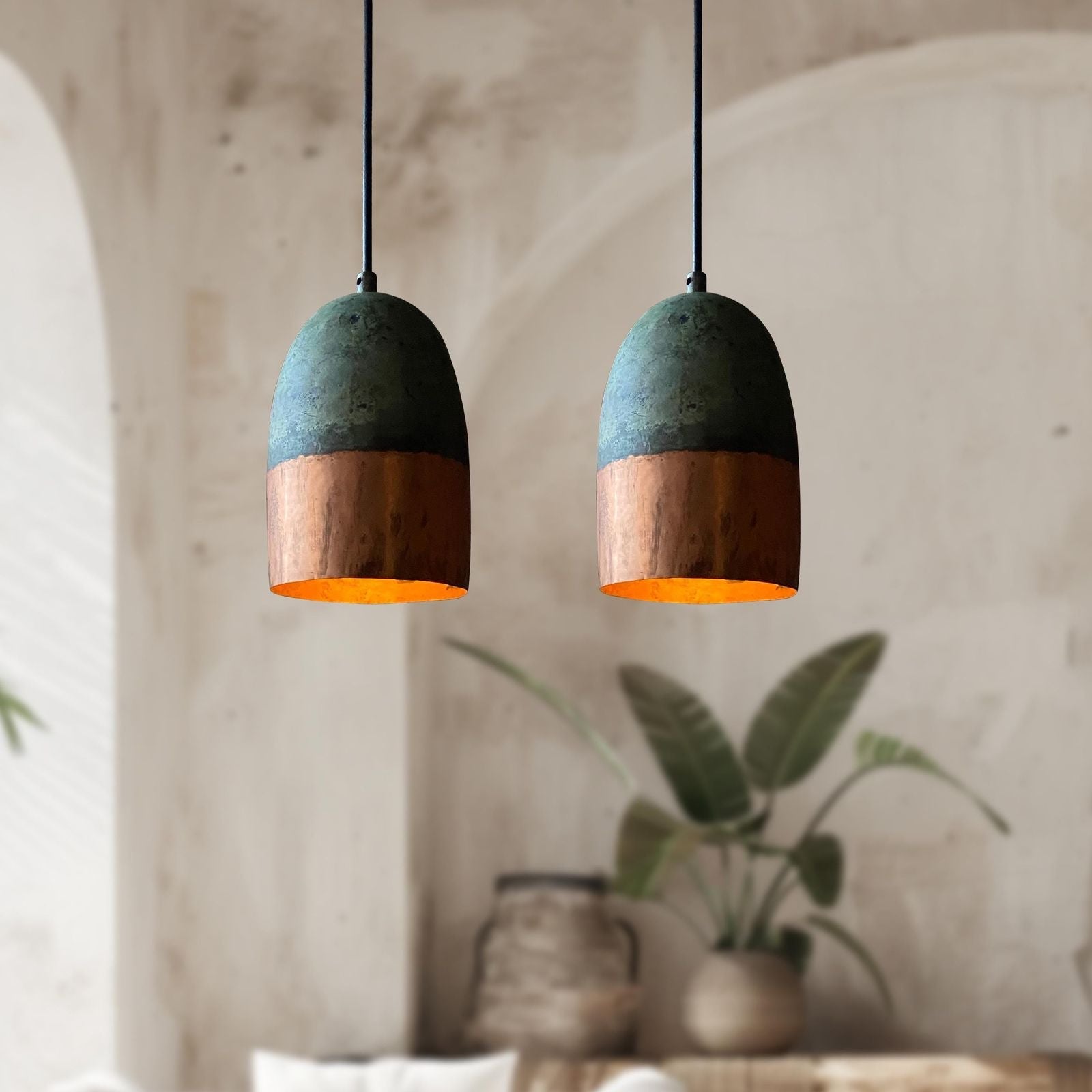 Two pendant lights with green top and wooden bottom in a room with plants and a textured wall.