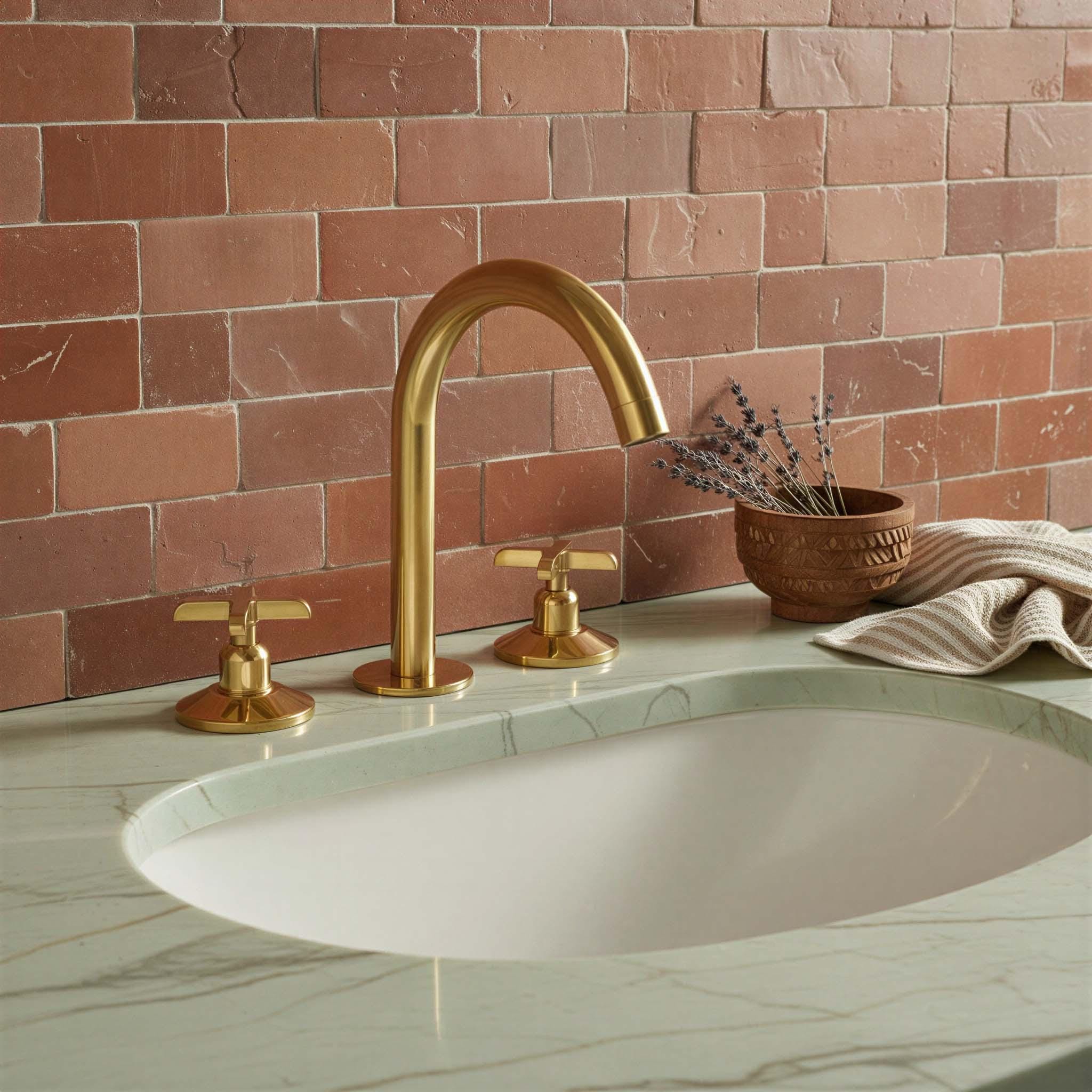 Gold faucet on a marble sink with a tiled wall background