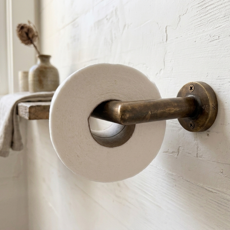 A single roll of white toilet paper mounted on a rustic bronze wall-mounted holder, set against a white textured wall with a wooden shelf and vase in the softly blurred background.