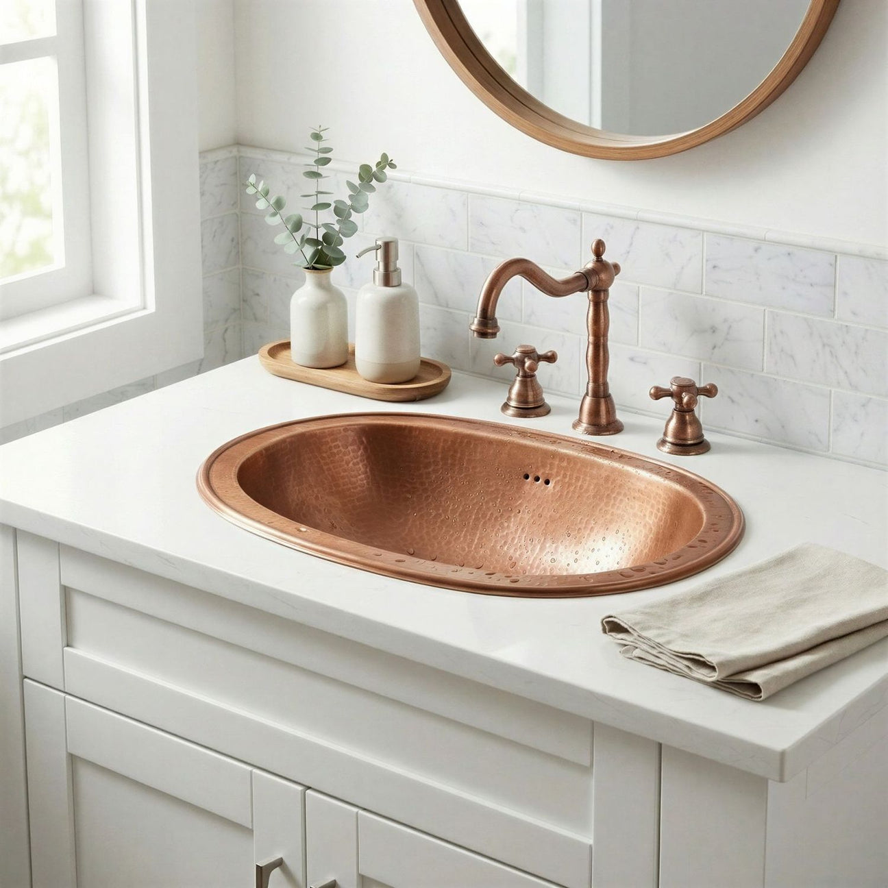 Oval Copper Bathroom Sink, Drop In Basin with Overflow, Rustic Farmhouse Washbasin, Handmade Drop In Copper Sink
