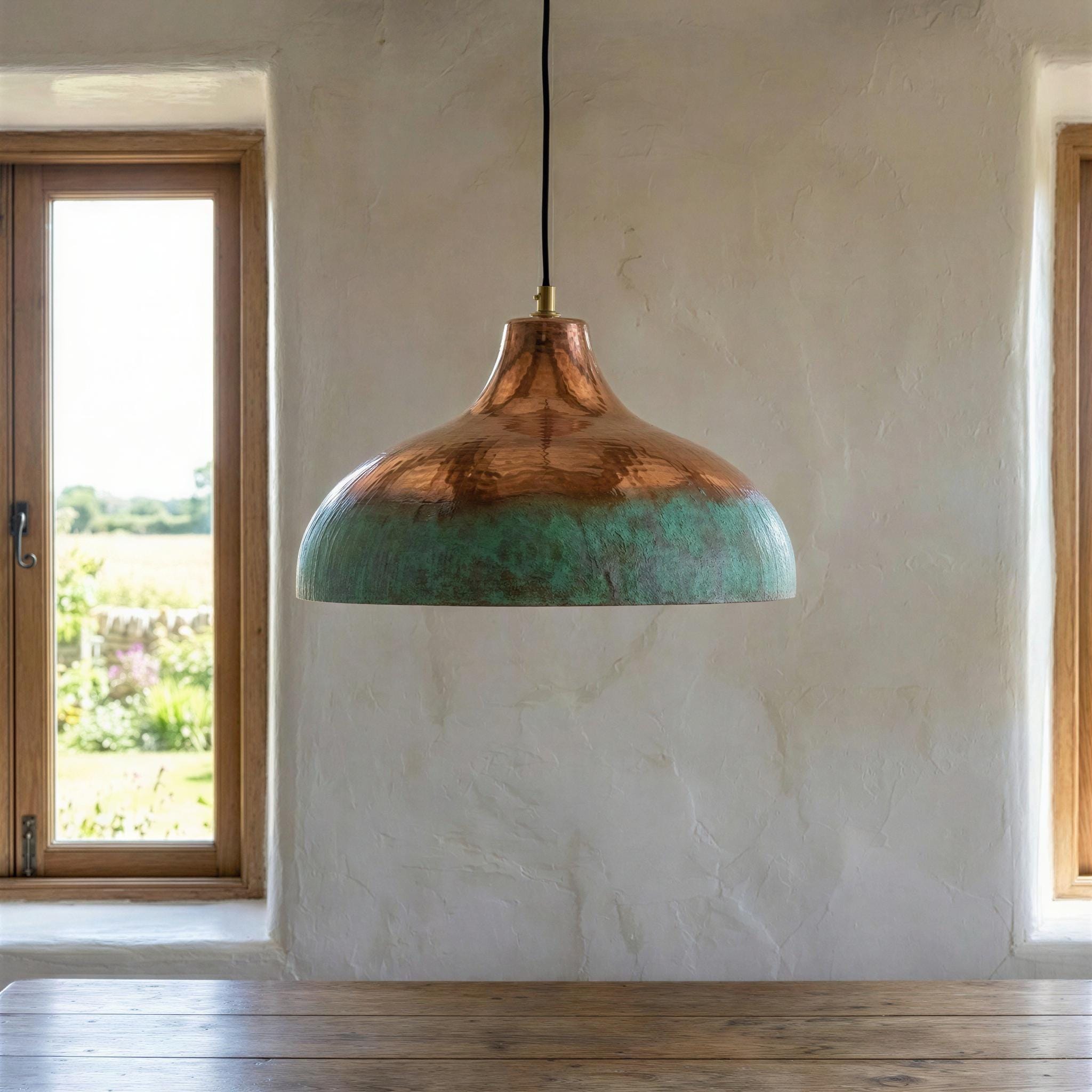 Copper pendant light with greenish-blue interior hanging in a room with a window and wooden floor.
