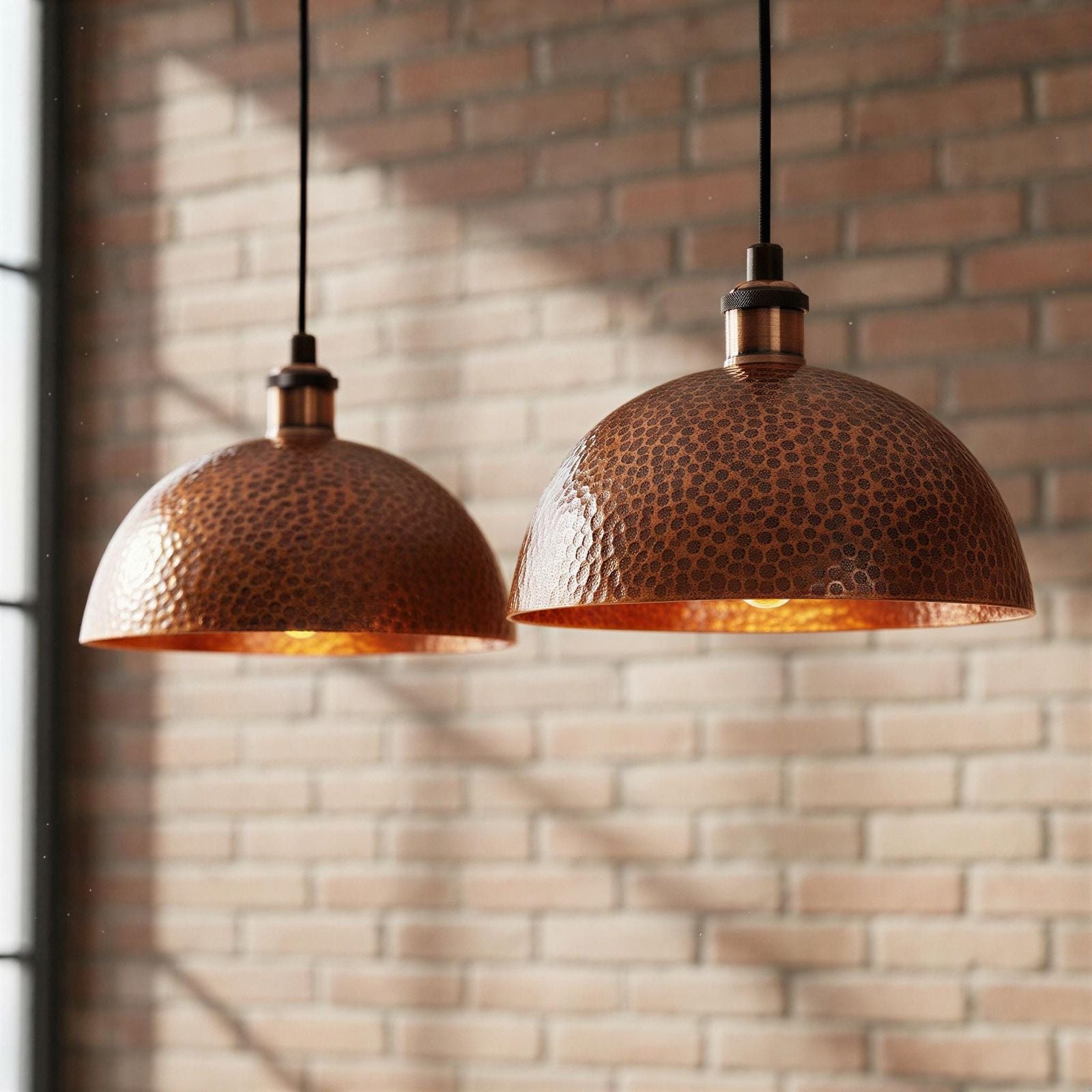 Two copper pendant lights hanging against a brick wall.