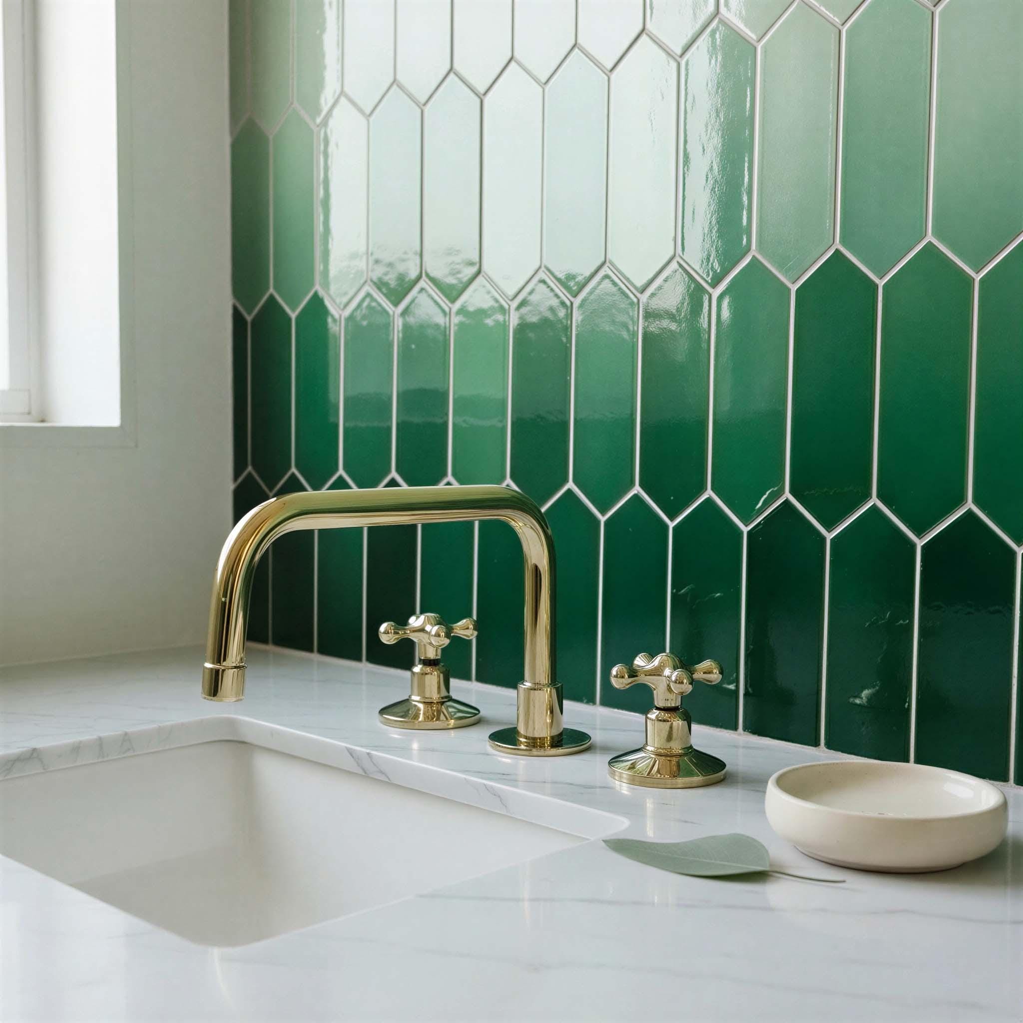 Modern kitchen sink with gold faucet against a green tiled wall