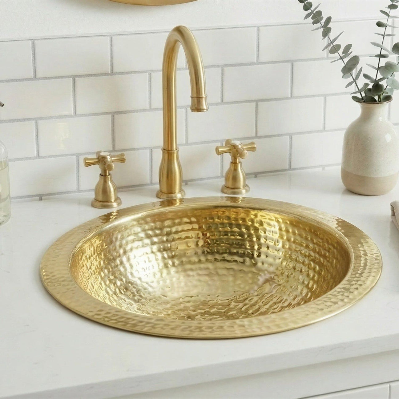 Hammered Brass Round Sink, Gold Drop In Bathroom Vanity Sink, Handcrafted Gold Bathroom Sink