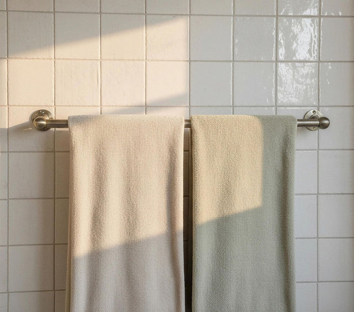 Two beige towels hanging on a towel rack against a tiled bathroom wall.