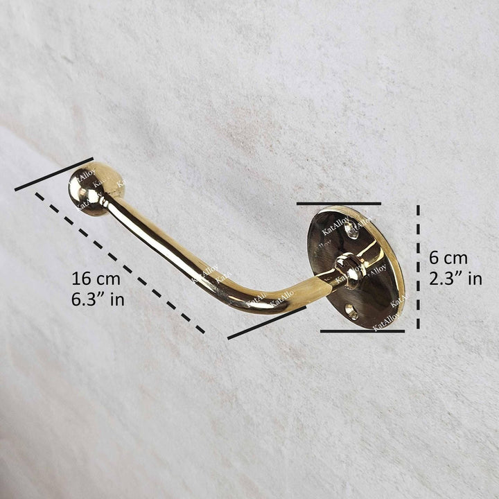 Gold towel hook with measurements on a white background