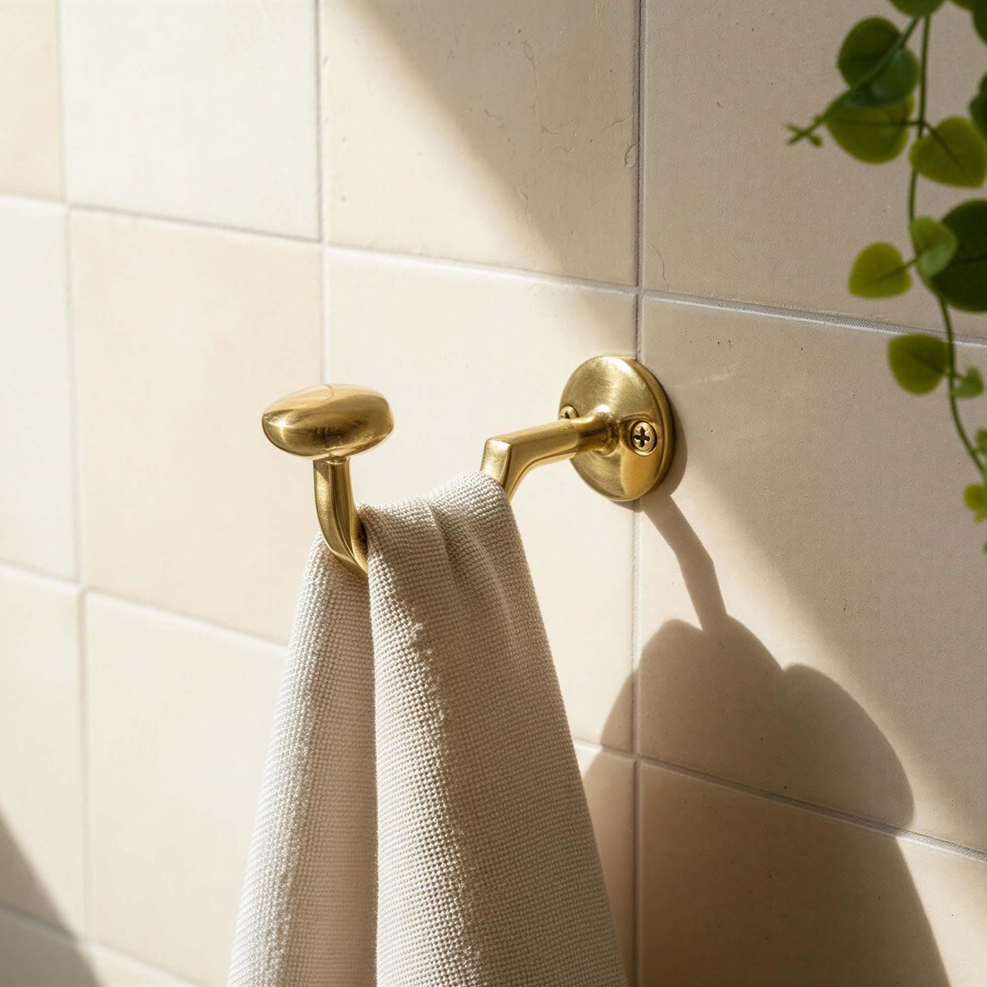 Gold towel hook with a beige towel on a tiled wall