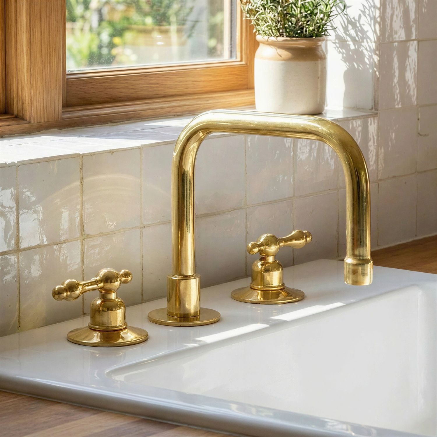 Unlacquered Brass Widespread Bathroom Faucet, 3-Hole Gold Vanity Tap with Lever Handles
