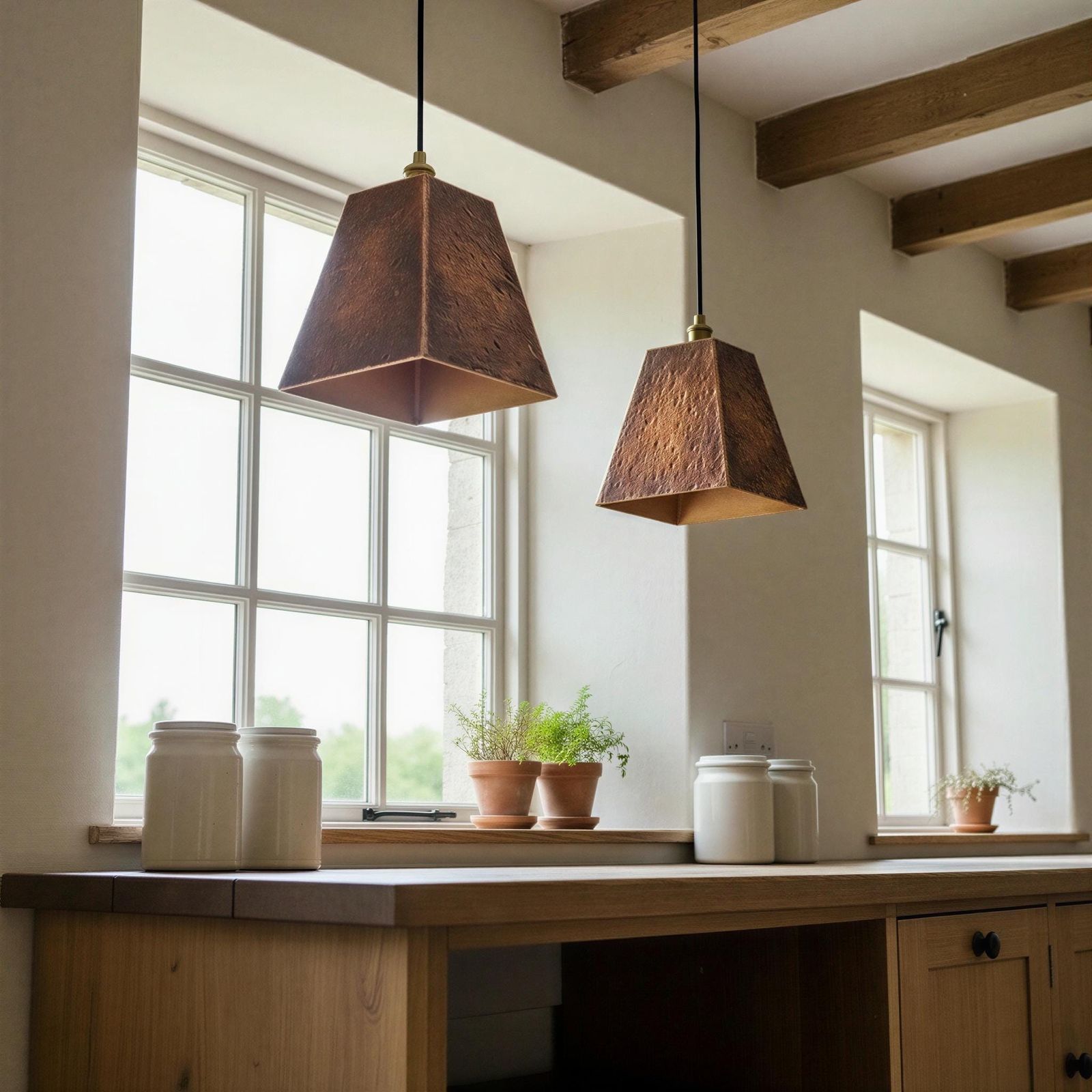 Wooden countertop with pendant lights and windows in a kitchen setting