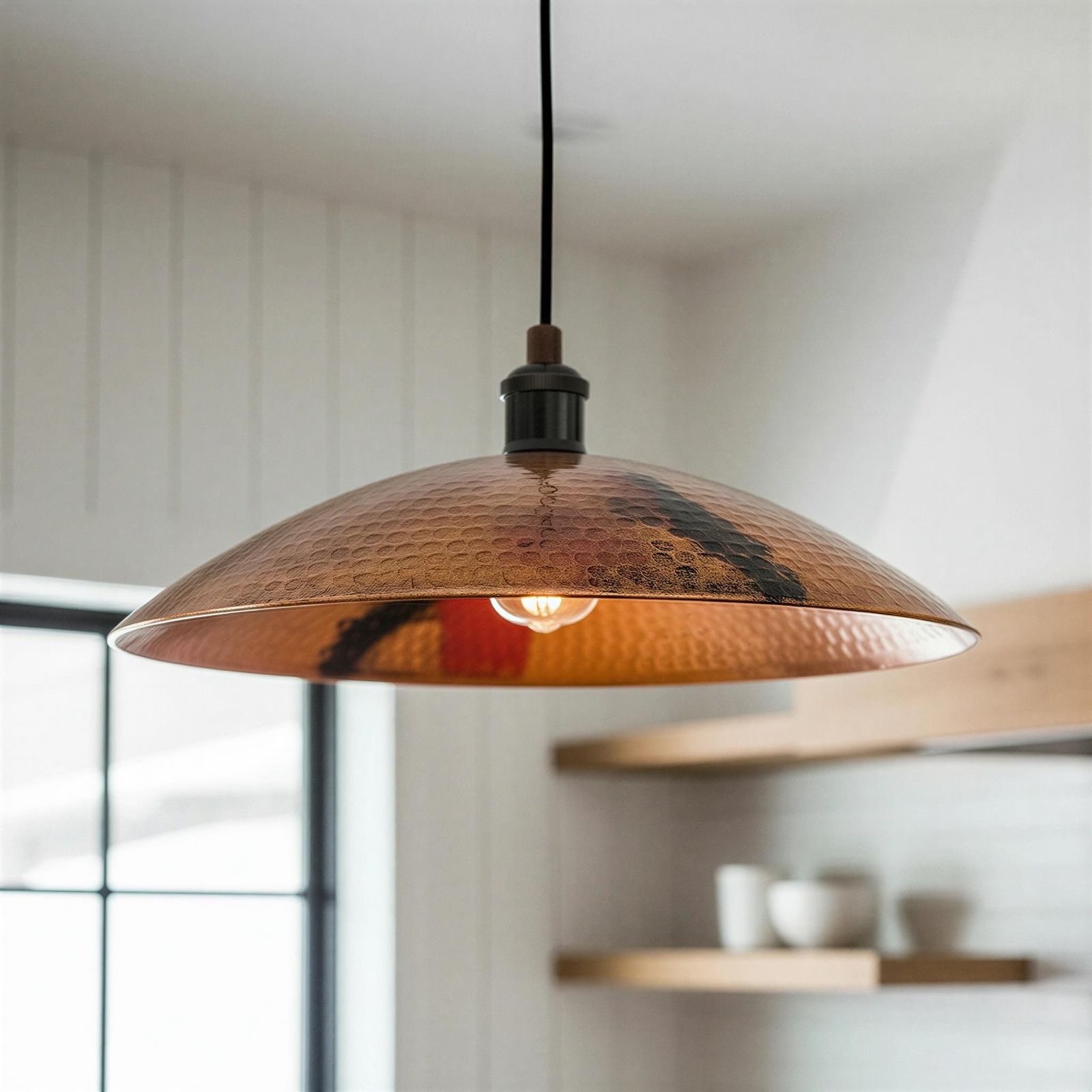 Copper pendant light hanging in a room with shelves and a window.