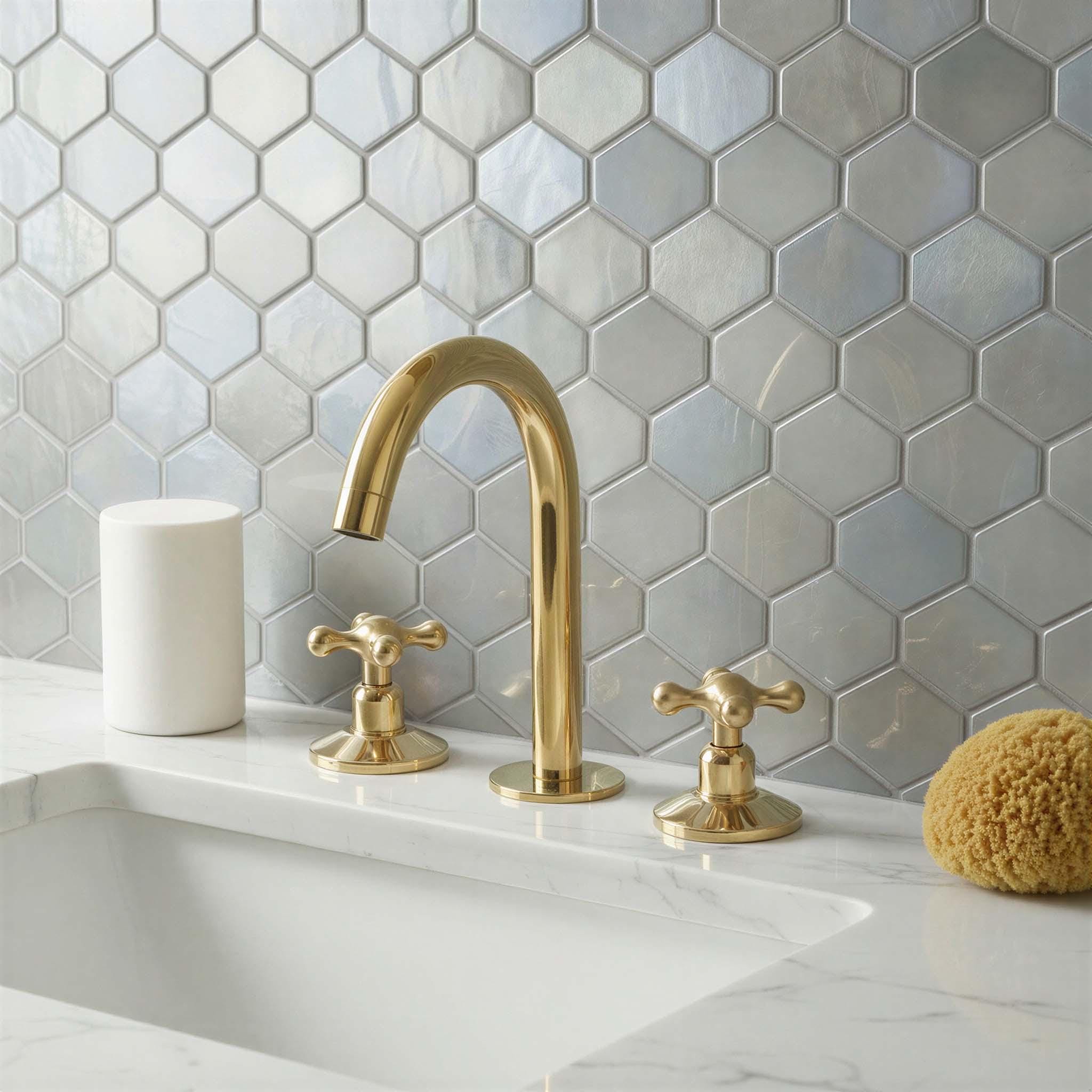 Gold faucet and handles on a white sink with hexagonal gray tiles in the background