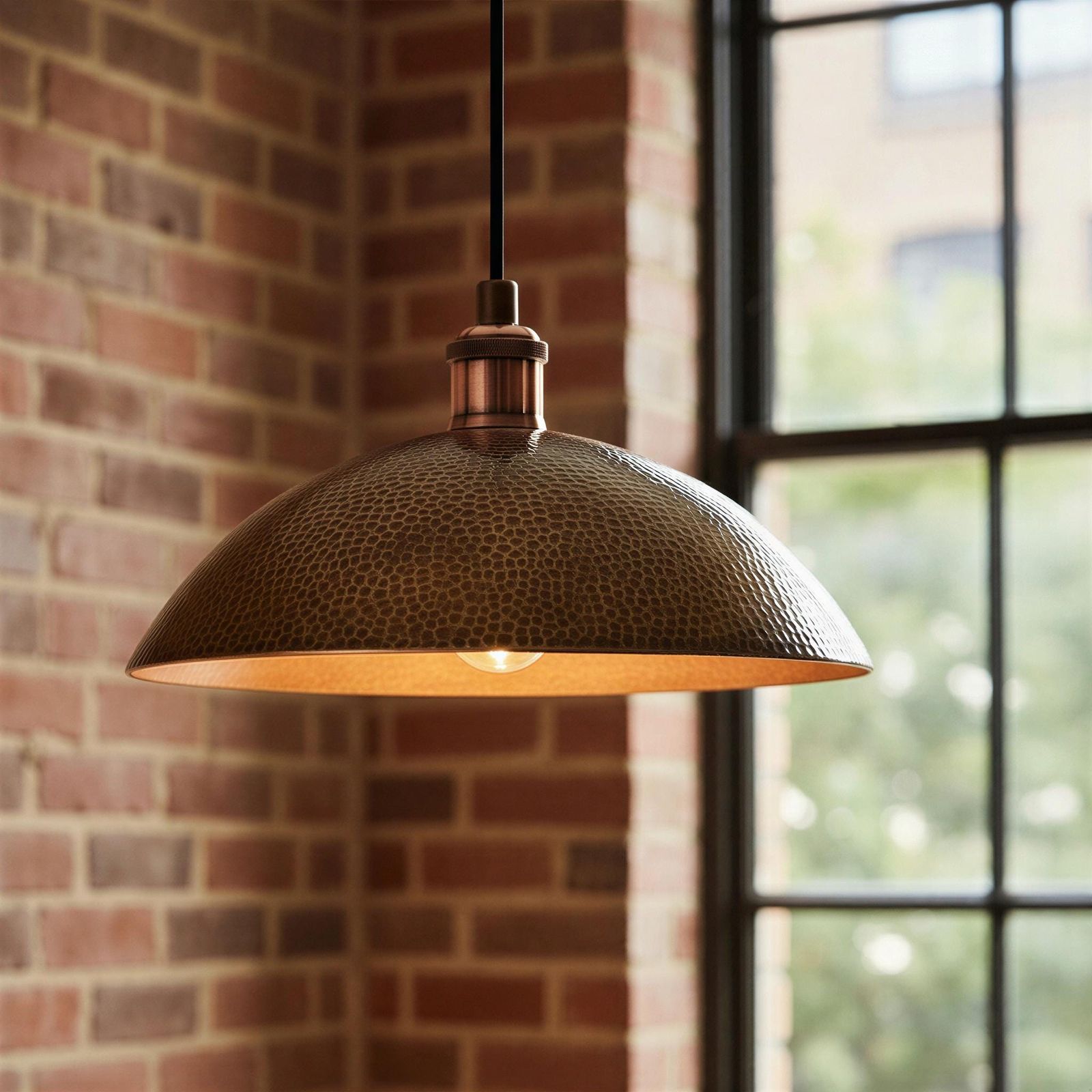 Hammered metal pendant light hanging against a brick wall with a window in the background