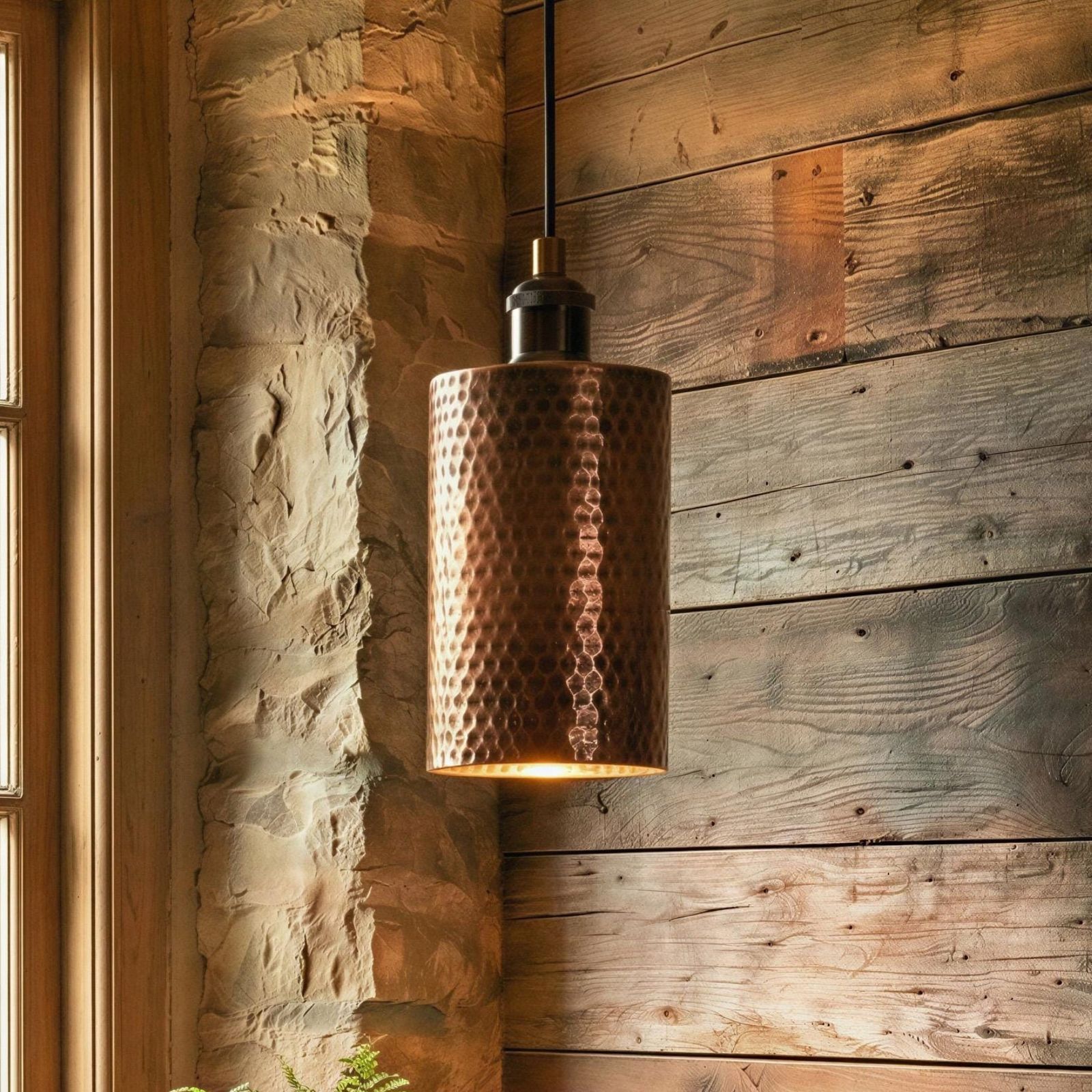 A hammered copper pendant light hanging in front of a rustic wood-paneled wall and stone column, casting a warm glow downward.