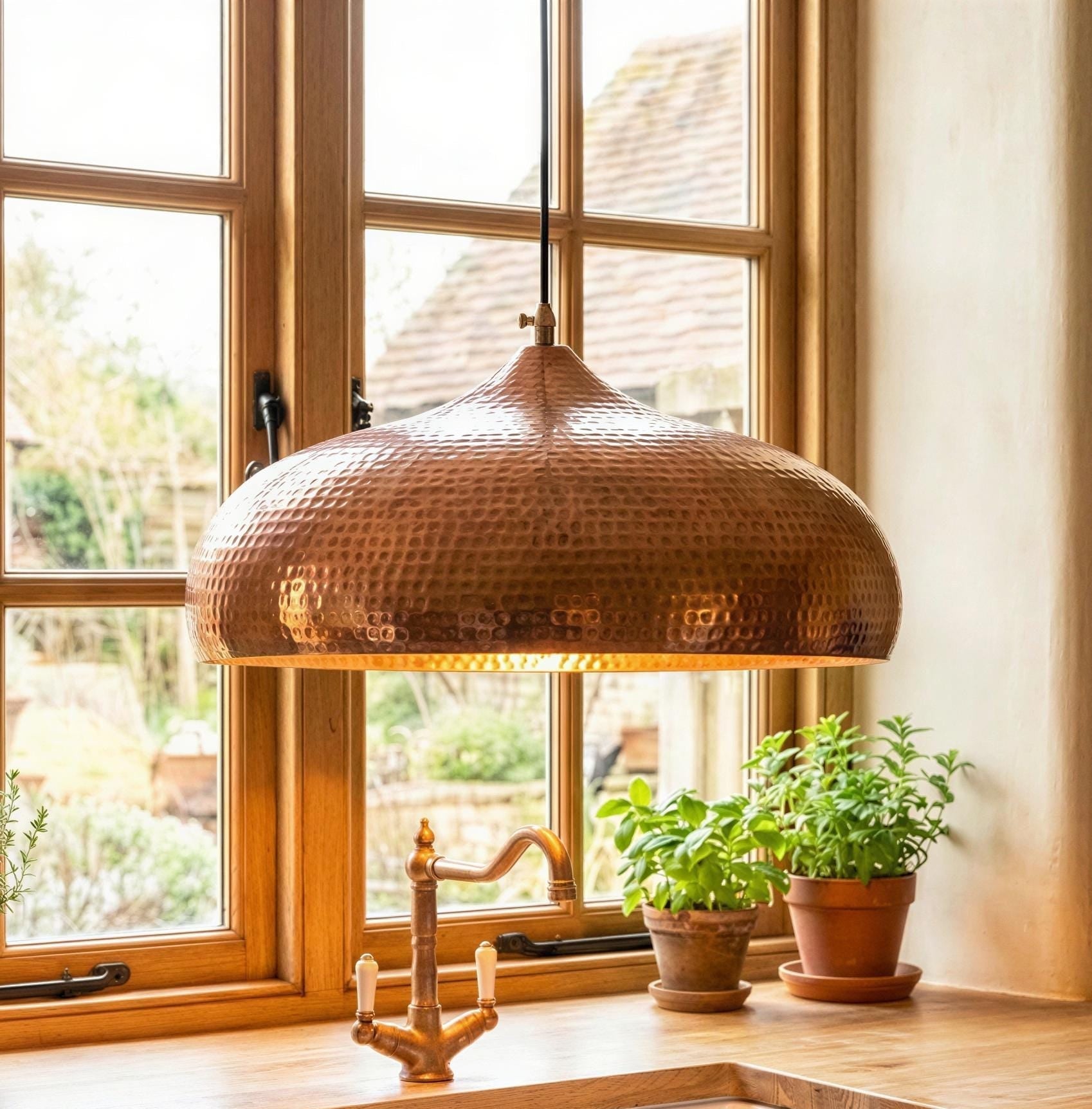 Copper pendant light hanging in a room with large windows and potted plants on a windowsill.
