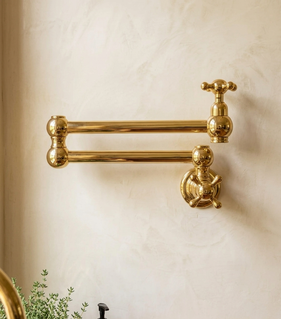 A polished brass pot filler mounted on a textured beige wall, with a small plant visible in the lower-left corner.