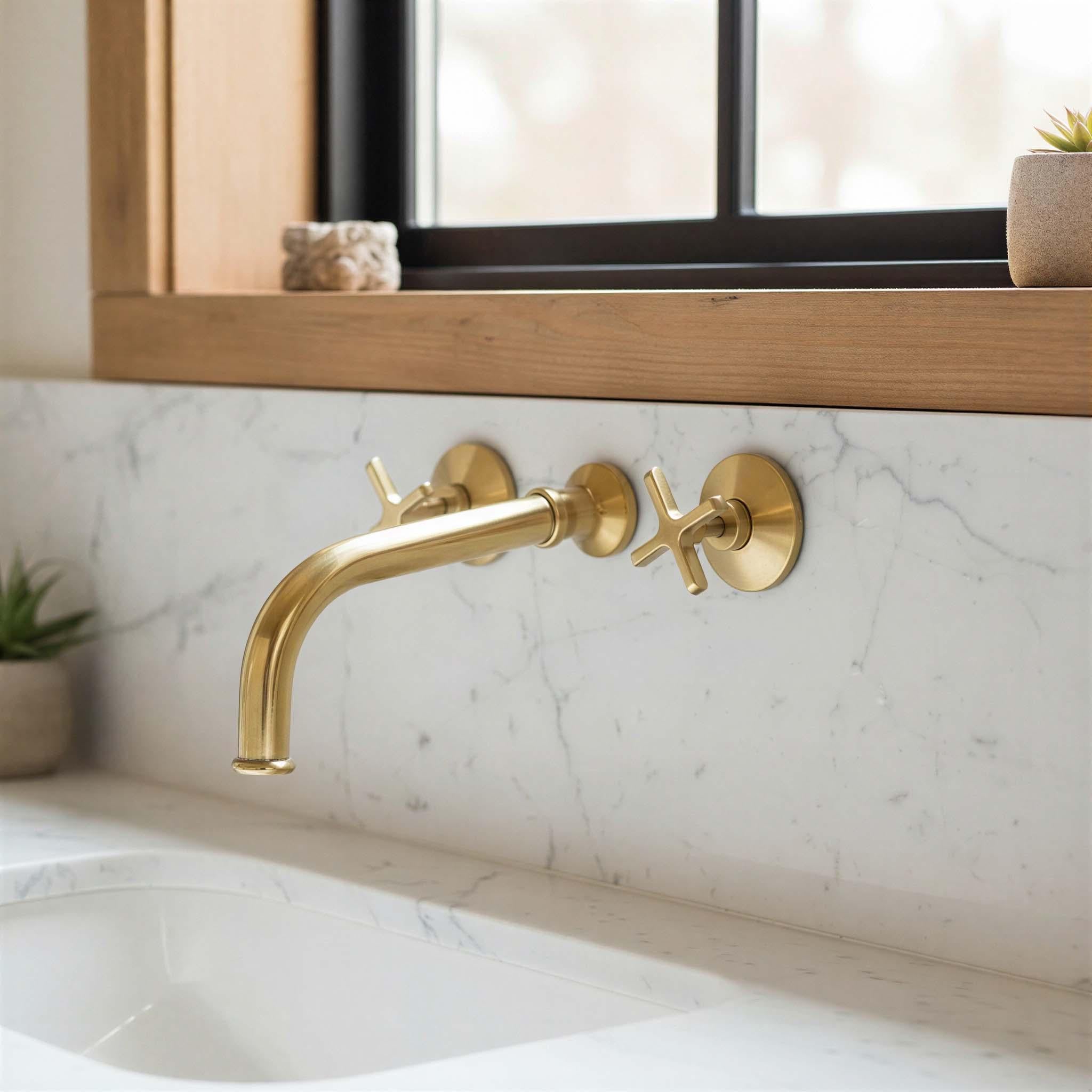 Gold faucet on a marble wall with a window in the background