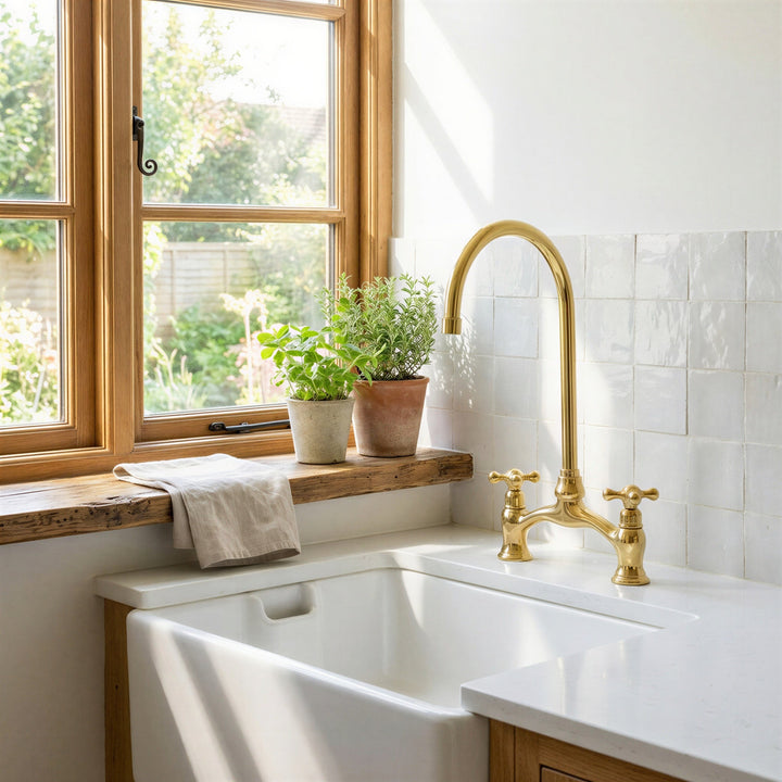 A modern kitchen sink setup with a tall arched brass faucet, white countertop, white subway tile backsplash, and a wooden window frame with potted green plants on the sill.