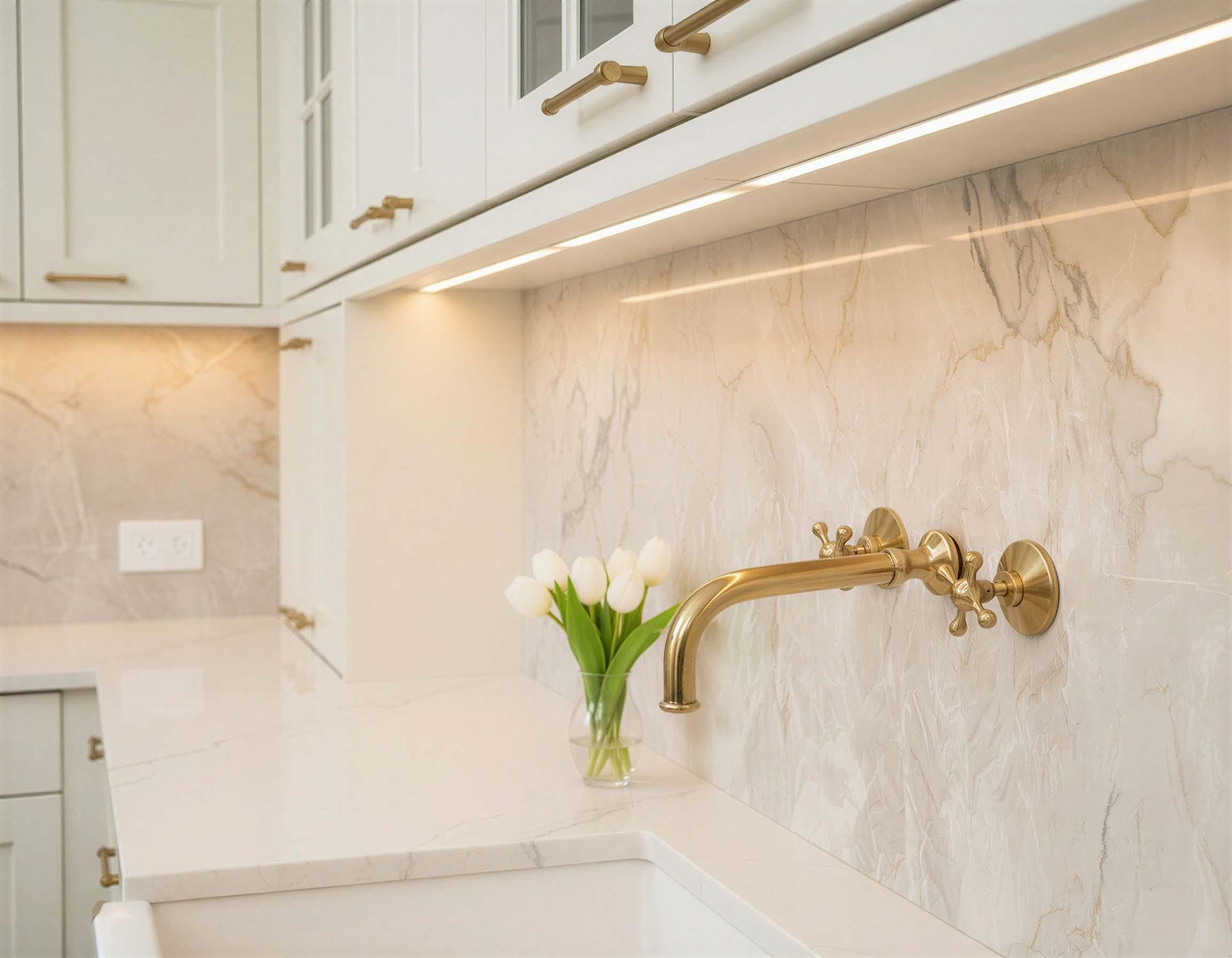 Kitchen backsplash with gold faucet and decorative elements