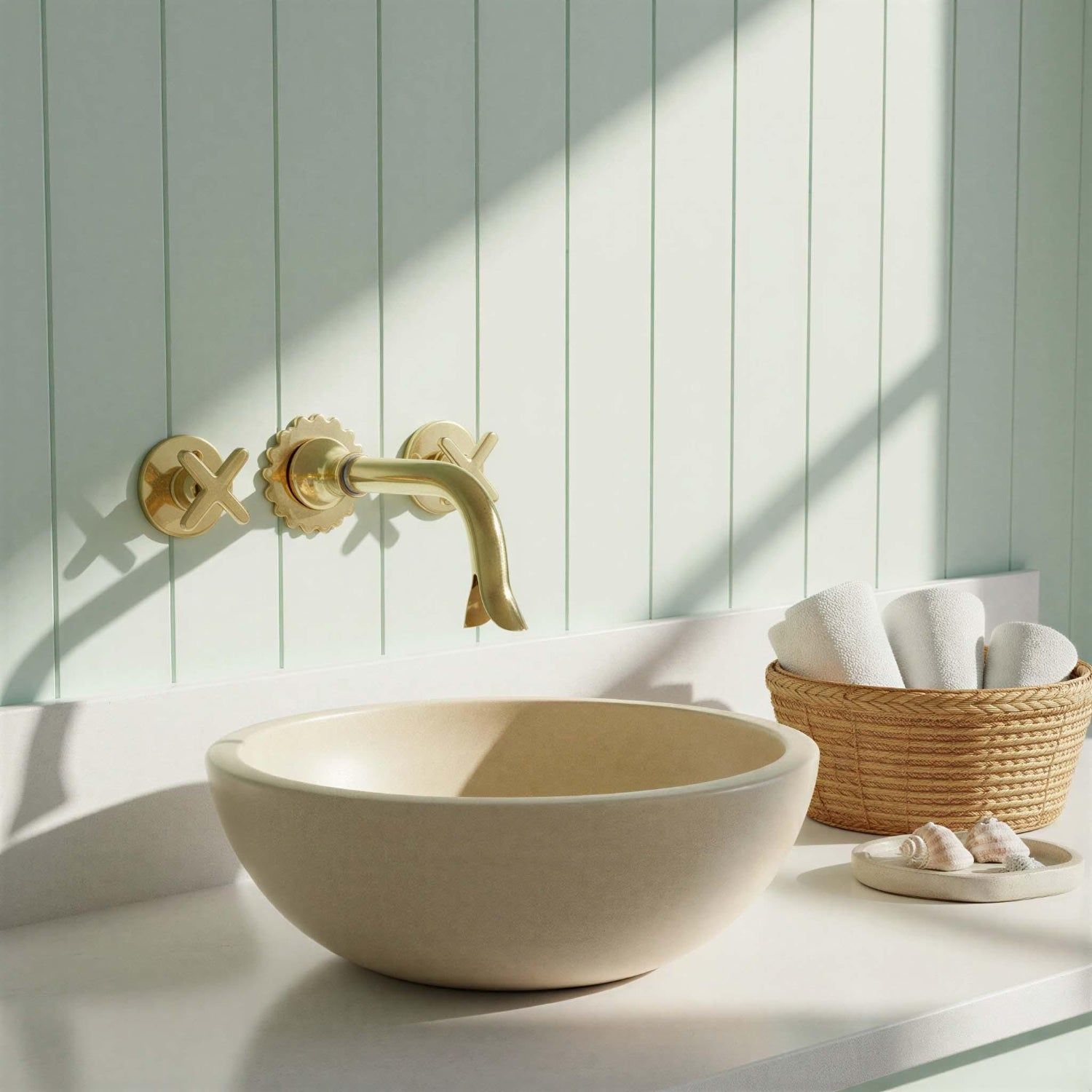 Bathroom setup with a beige sink, gold faucet, and a basket of towels against a light green paneled wall.