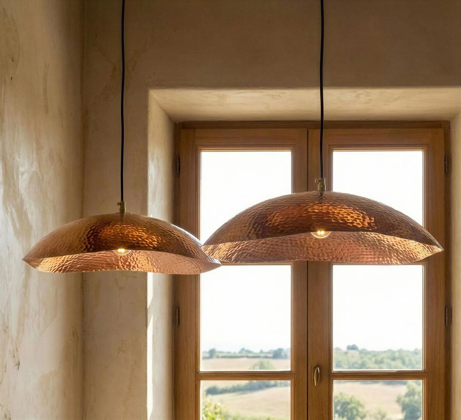 Two copper pendant lights hanging in front of a window with a view of greenery.