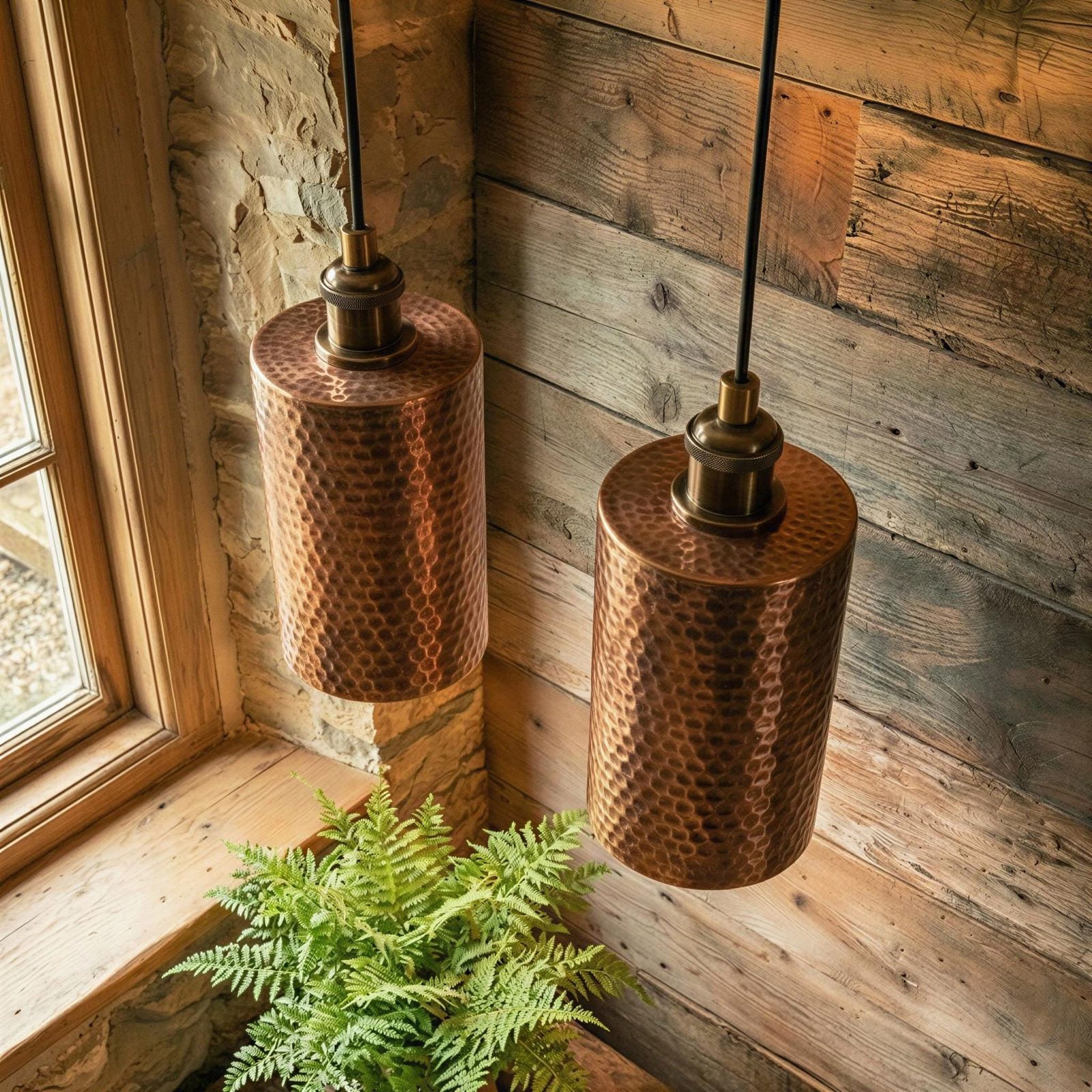 Two copper pendant lights hanging in a room with wooden walls and a window.