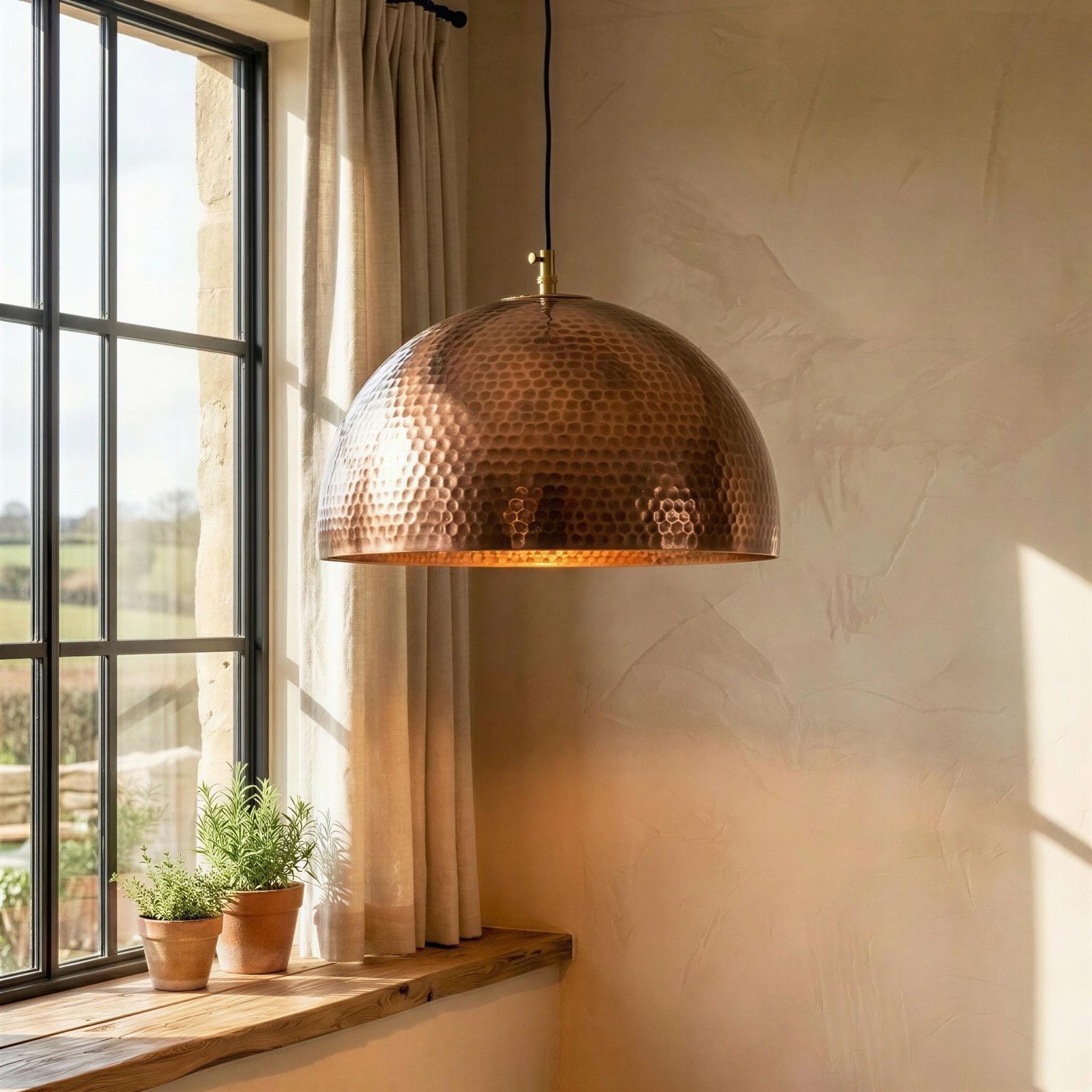 Copper pendant light hanging in a room with a window and plants.