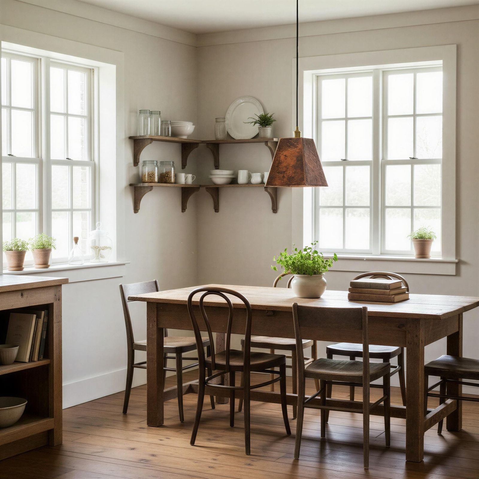 Dining room with wooden table and chairs, shelves, and windows.