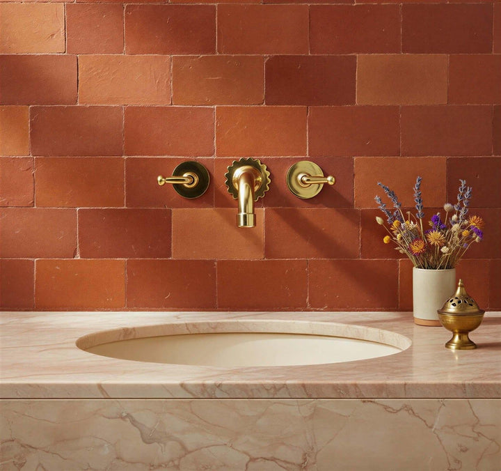 Bathroom sink with gold fixtures against a terracotta tiled wall.