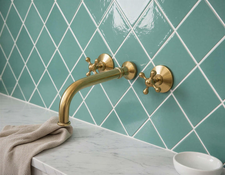 Gold faucet on a tiled wall with a towel and soap dish in the foreground