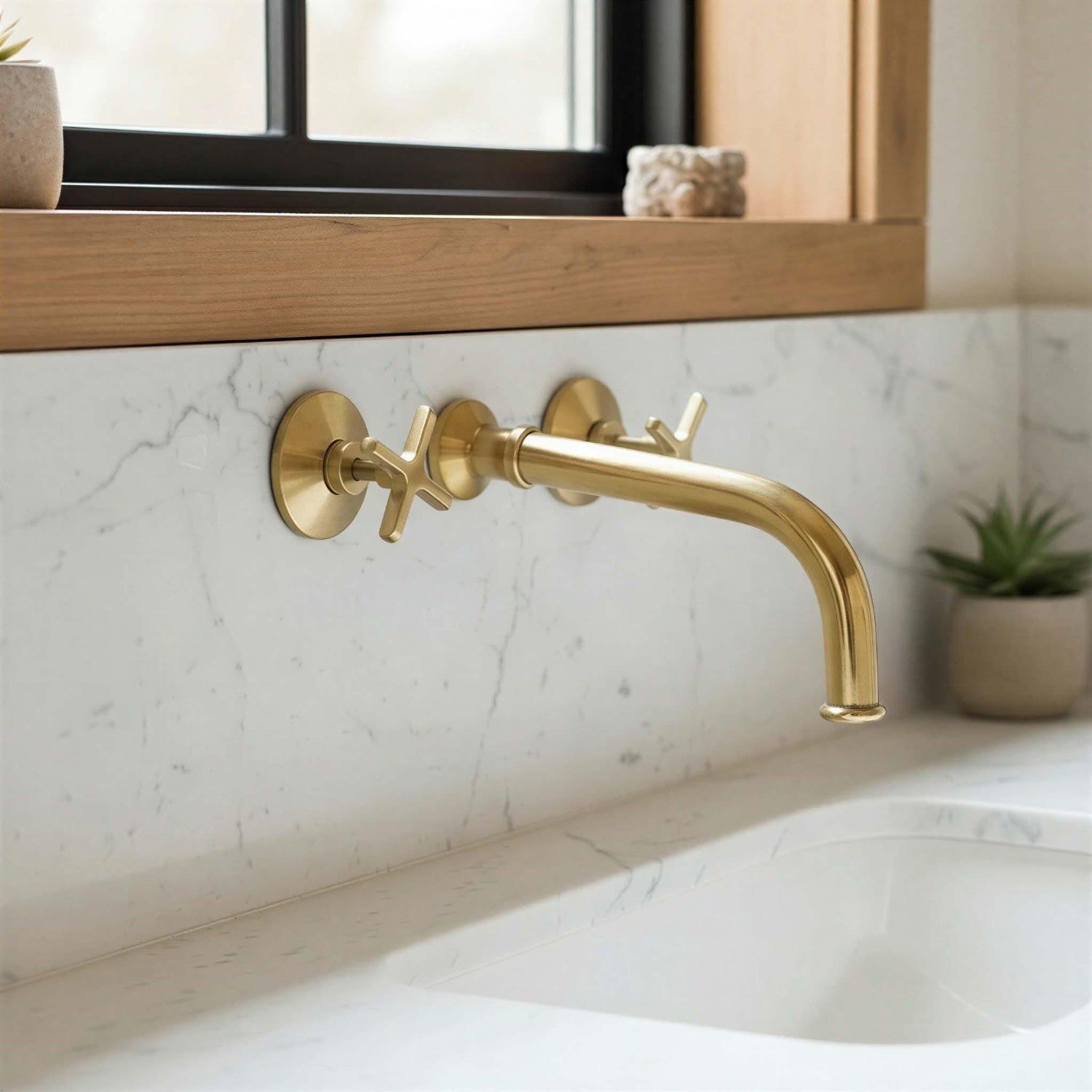 Gold faucet on a marble bathroom sink with a mirror above