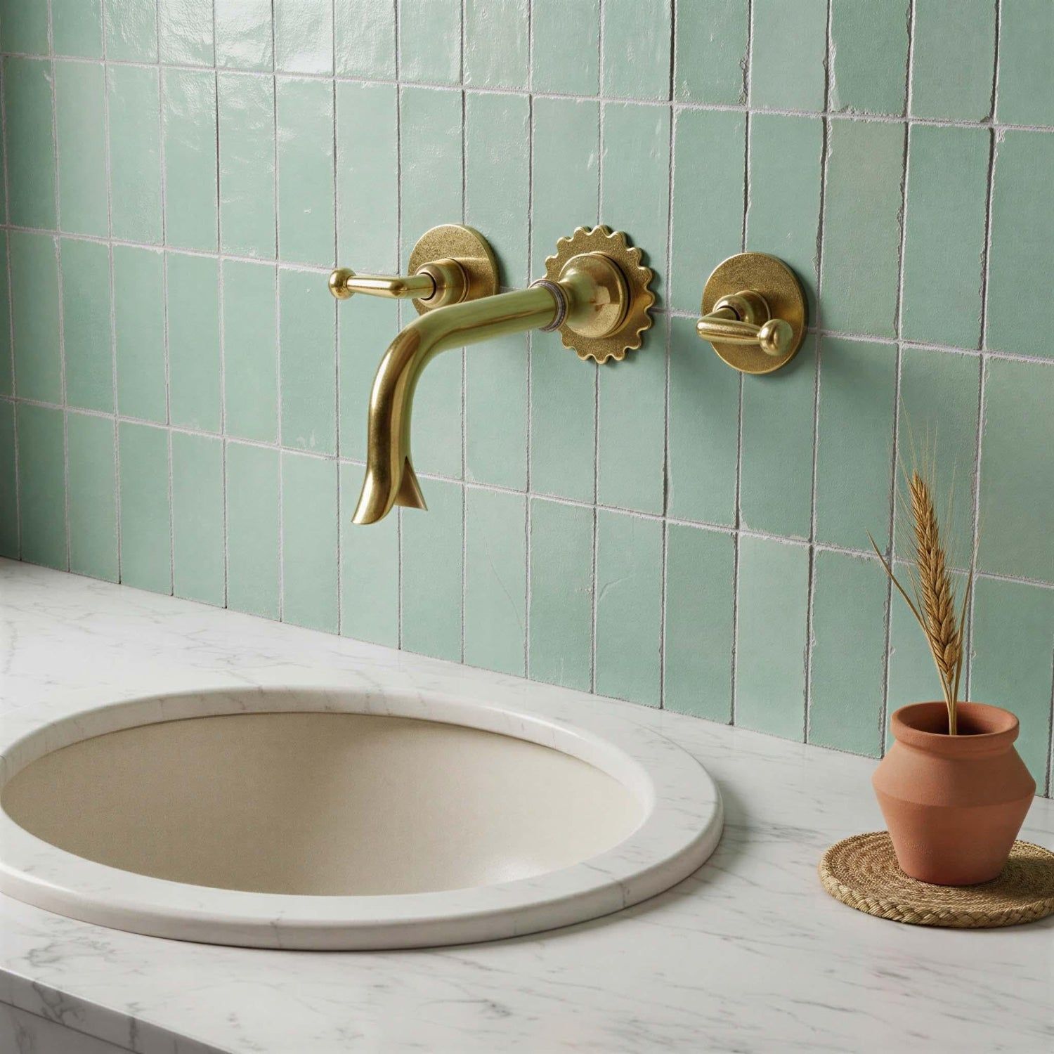 Gold faucet on a sink with green tiled wall