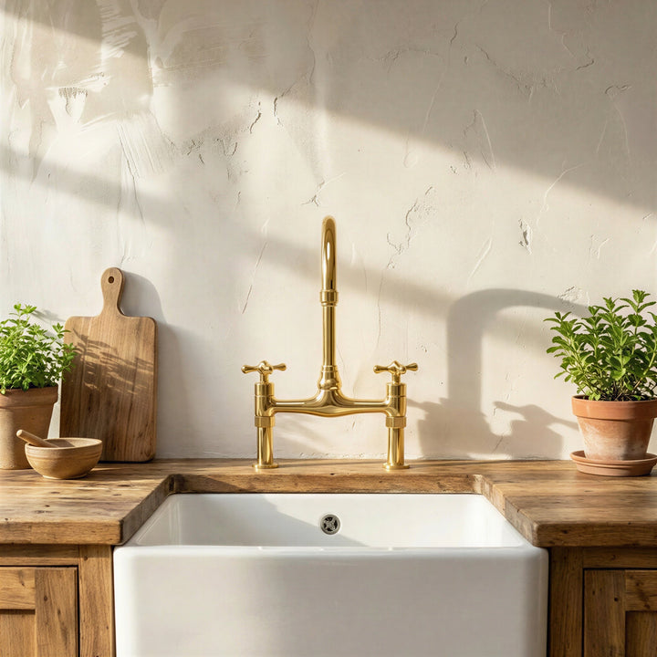 A polished brass bridge faucet with two handles mounted above a white farmhouse sink on a rustic wooden countertop, with potted plants and a cutting board against a textured cream wall.
